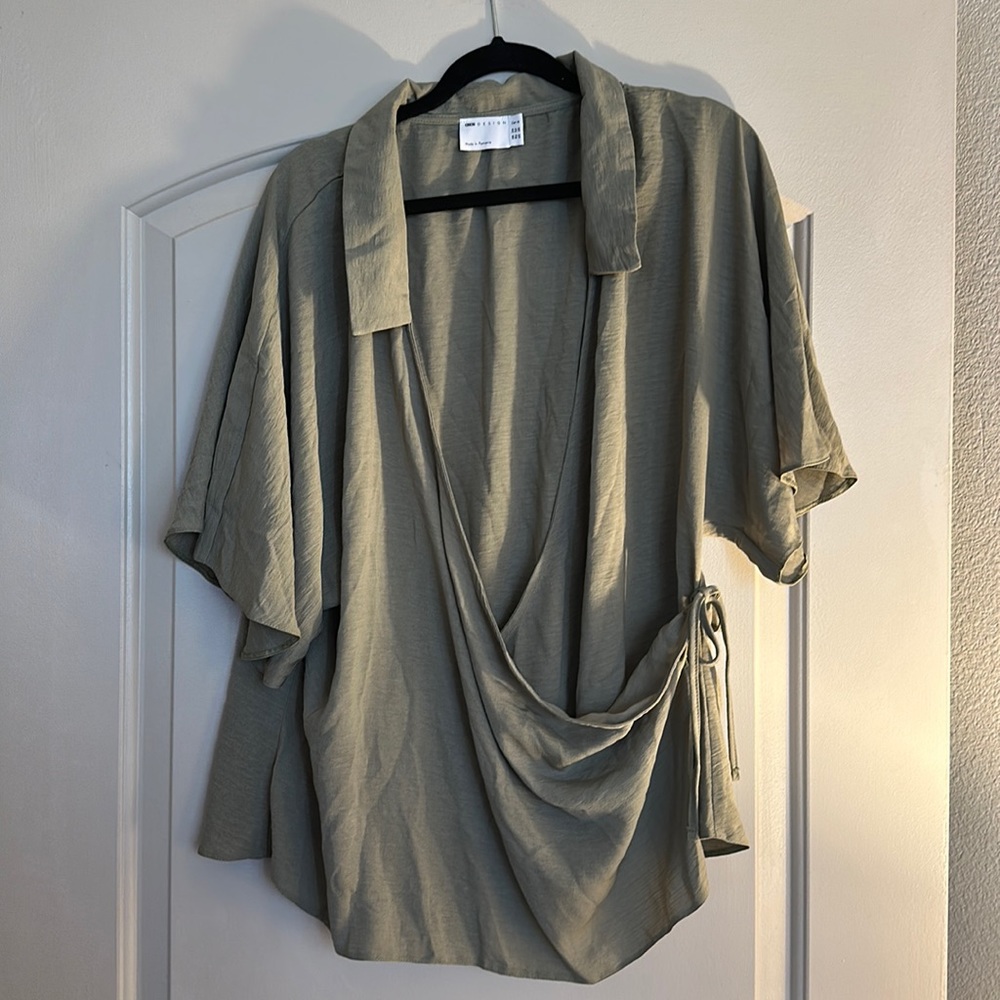 Olive green collard shirt that wraps around